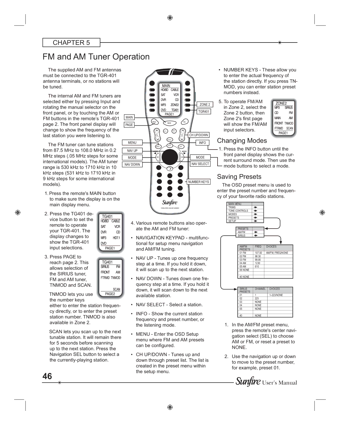 Sunfire TGR401, TGR-401-230 manual FM and AM Tuner Operation, Changing Modes, Saving Presets 