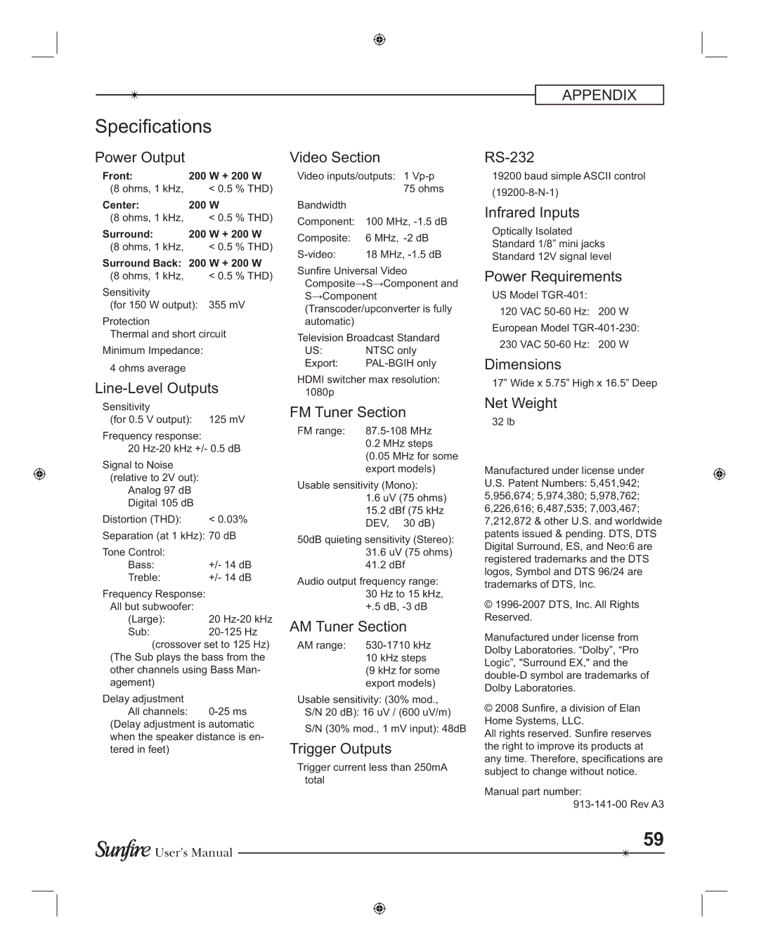 Sunfire TGR-401-230, TGR401 manual Speci cations 