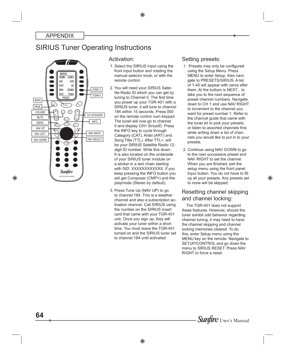 Sunfire TGR401, TGR-401-230 manual Sirius Tuner Operating Instructions, Activation, Setting presets 