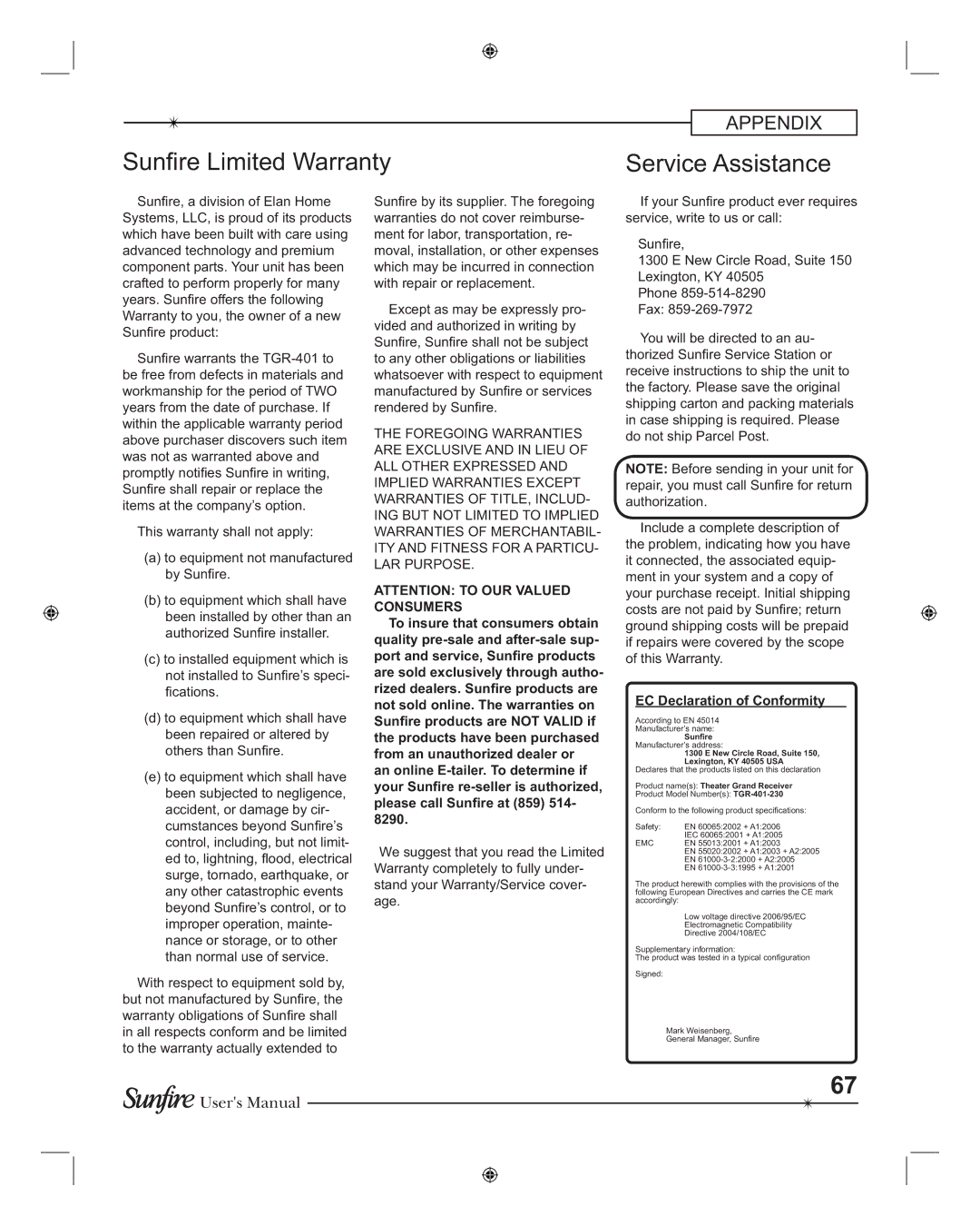 Sunfire TGR-401-230, TGR401 manual Sun re Limited Warranty, Service Assistance 