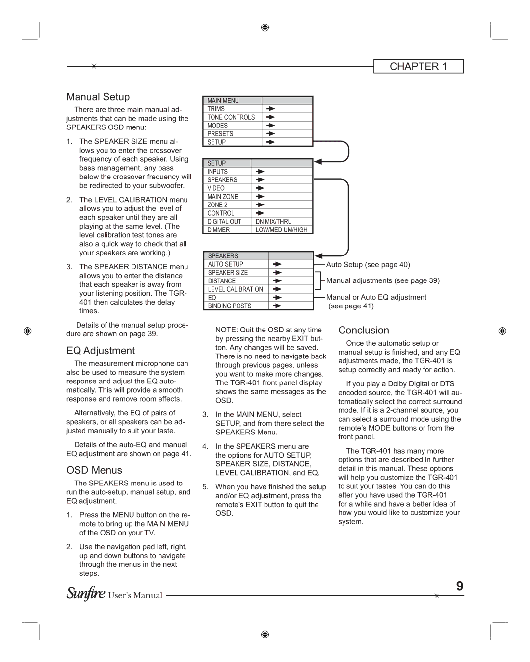 Sunfire TGR-401-230, TGR401 manual EQ Adjustment, OSD Menus, Conclusion 