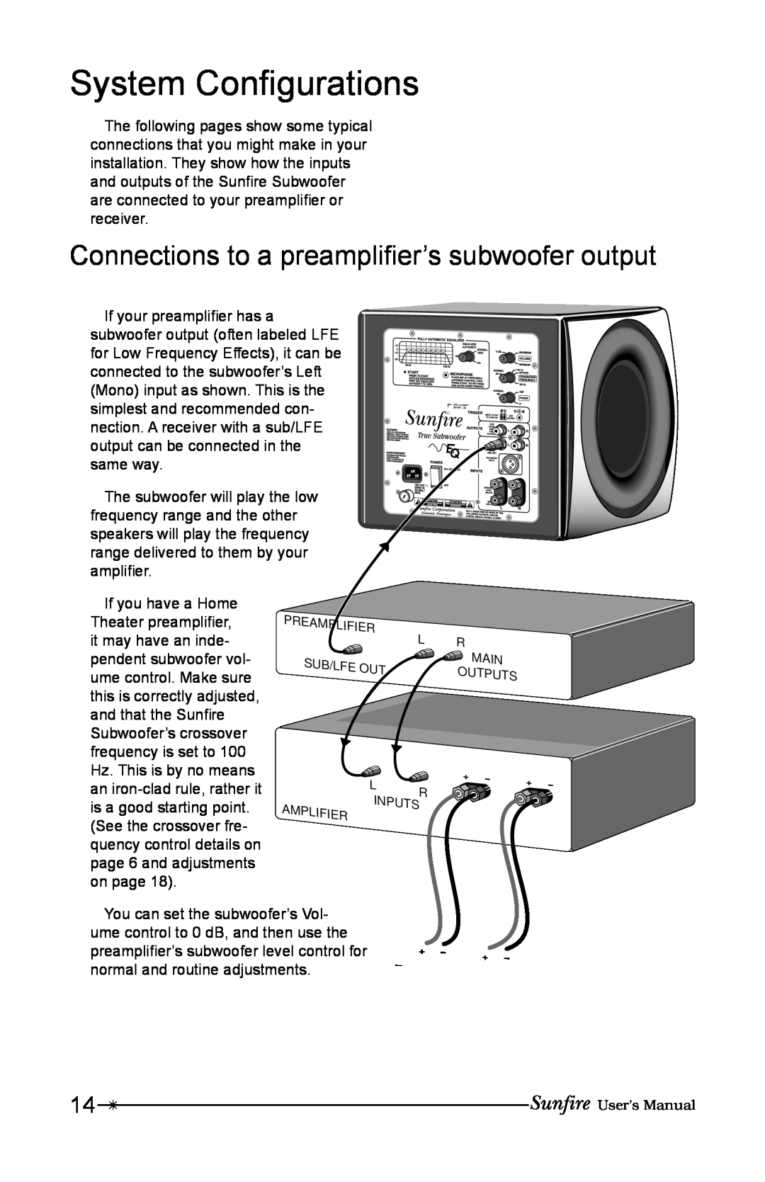 Sunfire True Subwoofer Signature and Standard Version user manual System ConÞgurations 