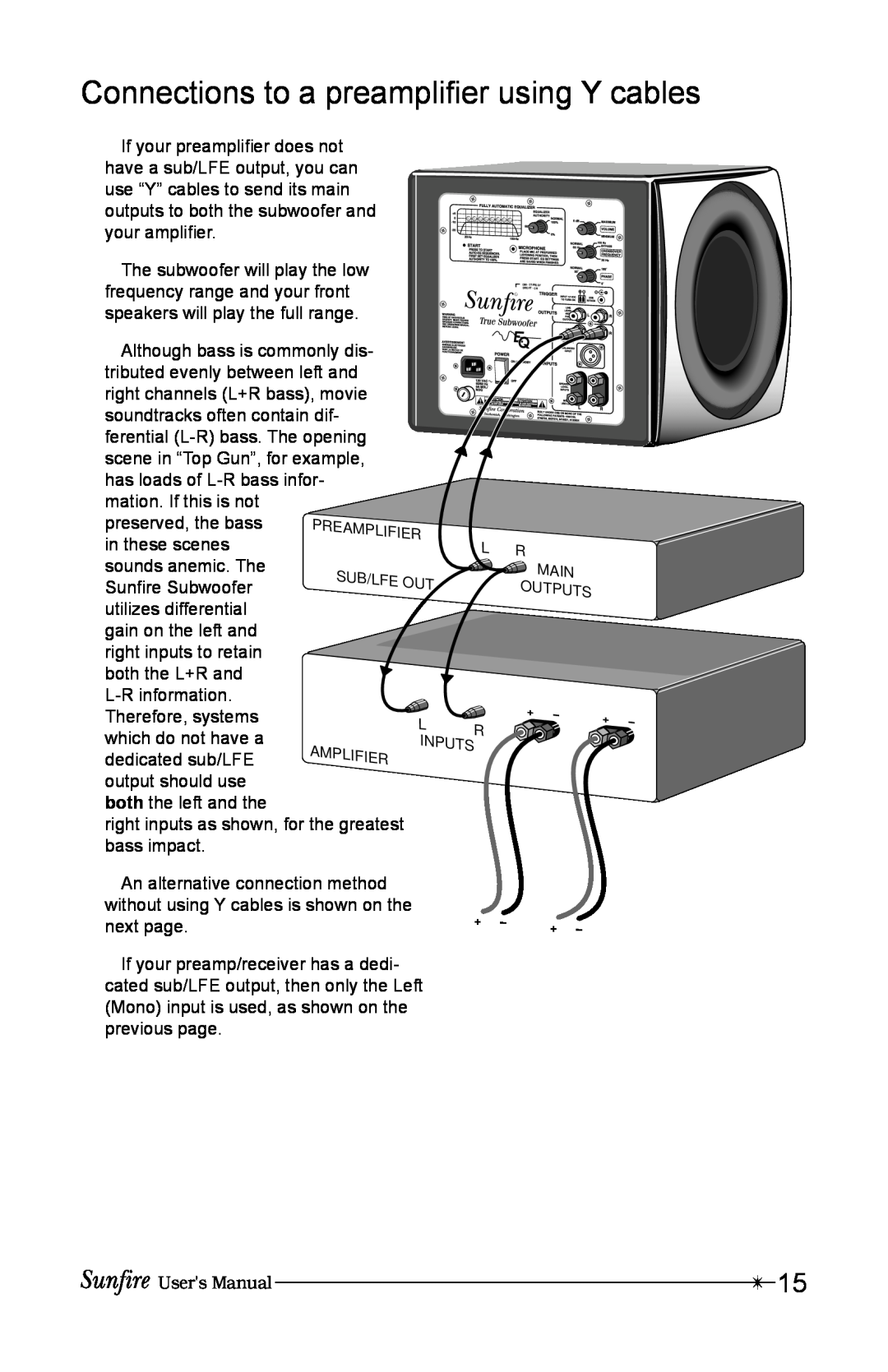 Sunfire True Subwoofer Signature and Standard Version user manual Connections to a preampliÞer using Y cables 