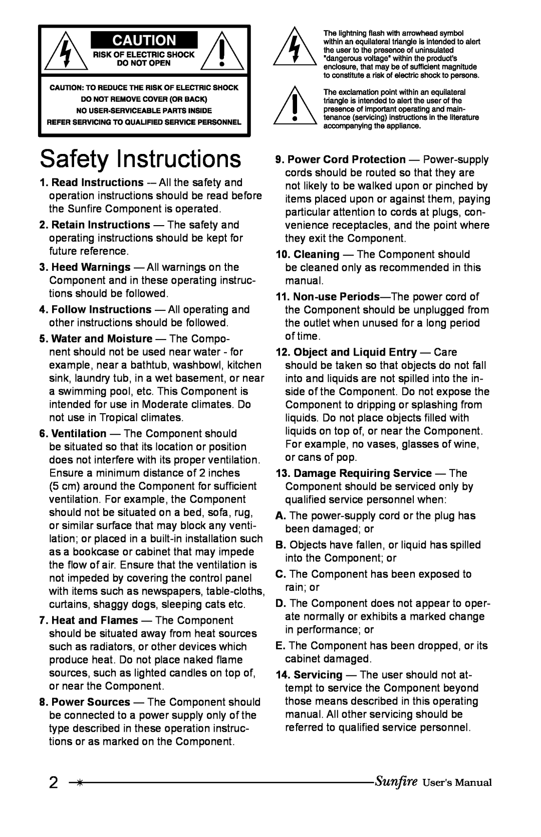 Sunfire True Subwoofer Signature and Standard Version user manual Safety Instructions 