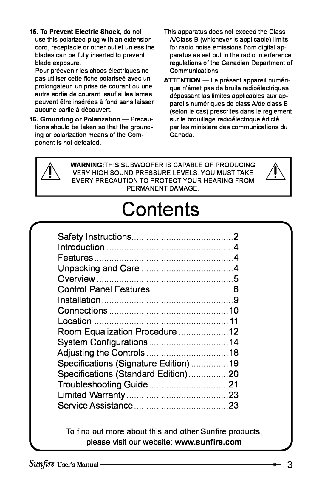 Sunfire True Subwoofer Signature and Standard Version user manual Contents 