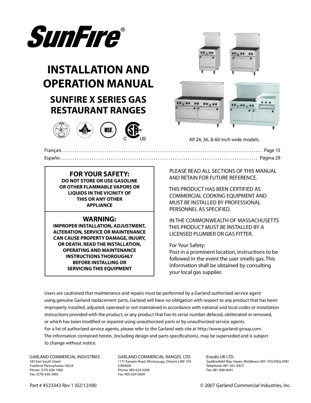 Sunfire X Series operation manual All 24, 36, & 60-inch wide models, Página, Rev 1 02/12/08 