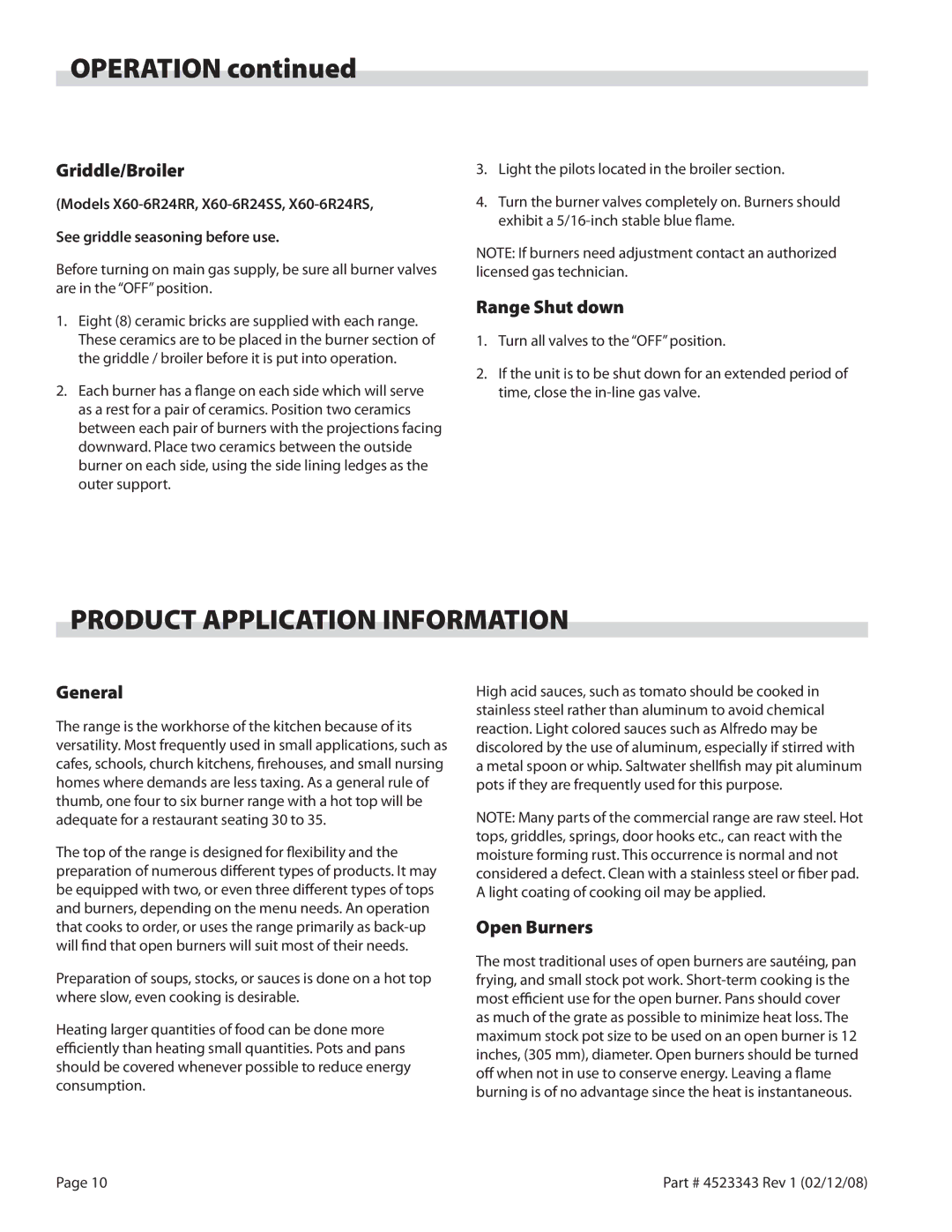 Sunfire X Series operation manual Operation, Product Application Information 