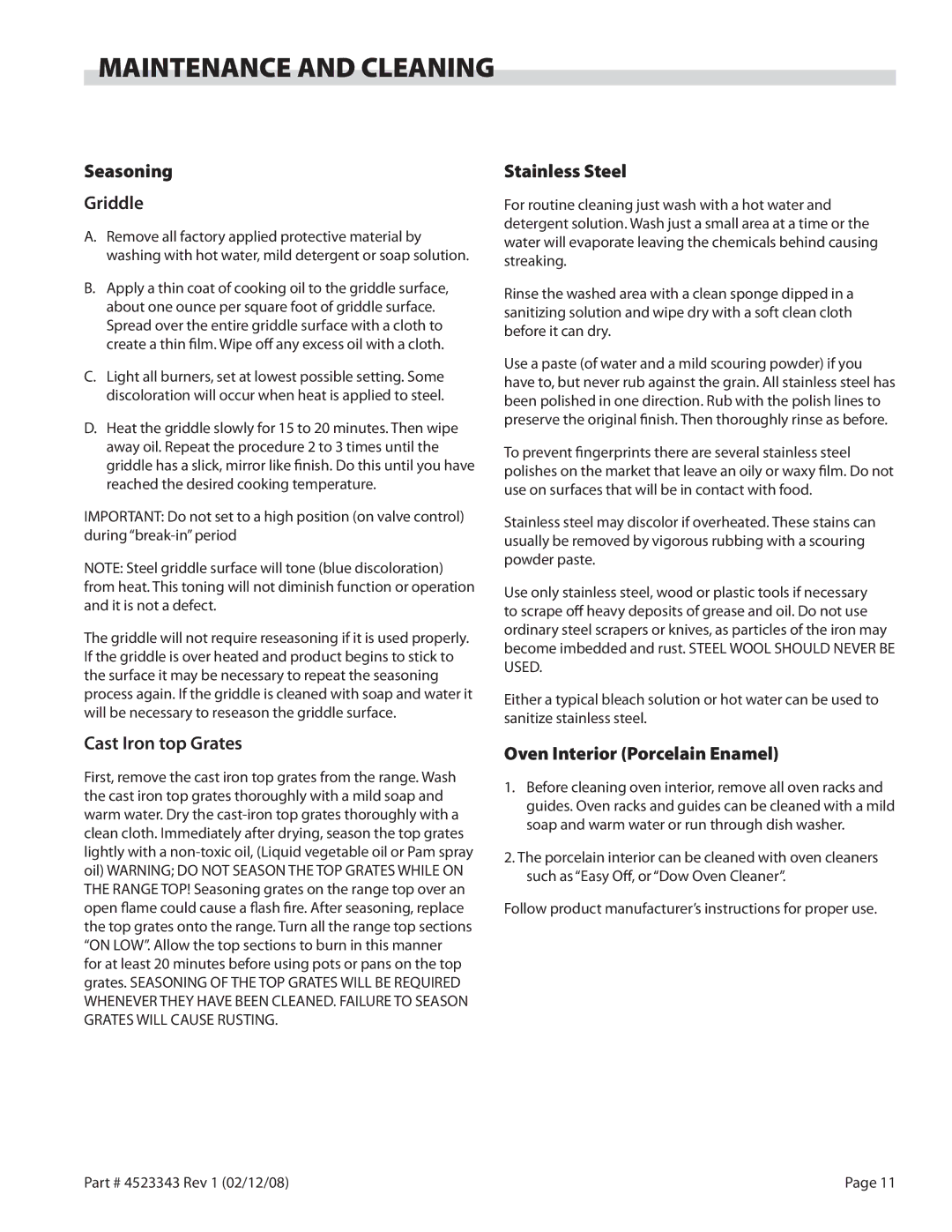 Sunfire X Series operation manual Maintenance and Cleaning, Seasoning Griddle, Cast Iron top Grates, Stainless Steel 