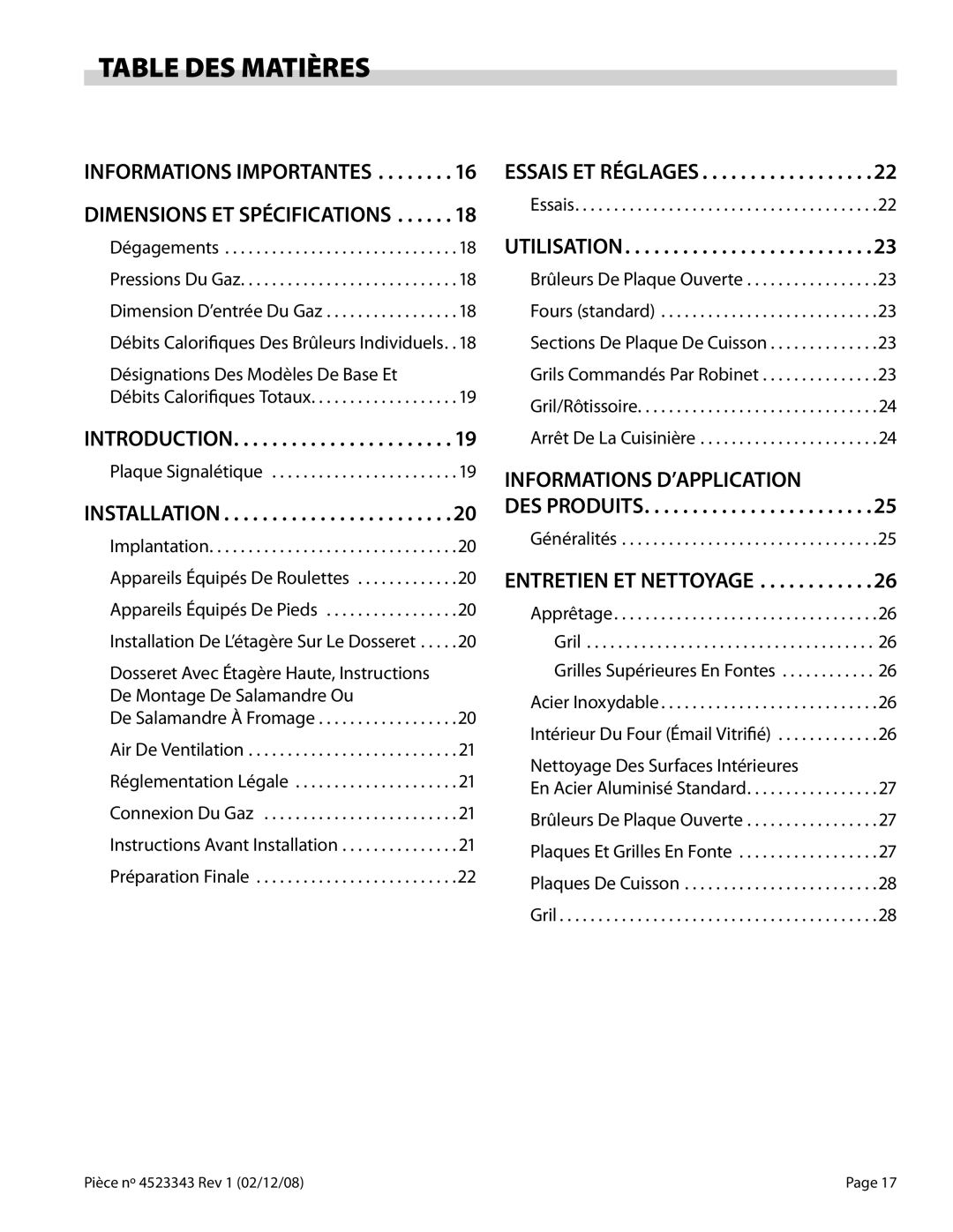 Sunfire X Series operation manual Table DES Matières, Essais ET Réglages, DES Produits 