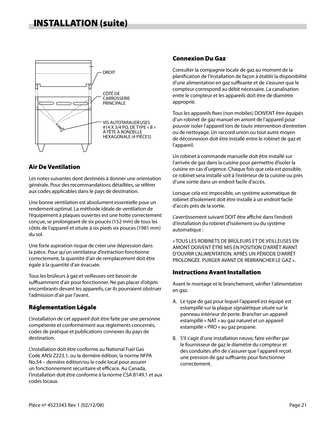 Sunfire X Series operation manual Installation suite, Air De Ventilation, Réglementation Légale, Connexion Du Gaz 