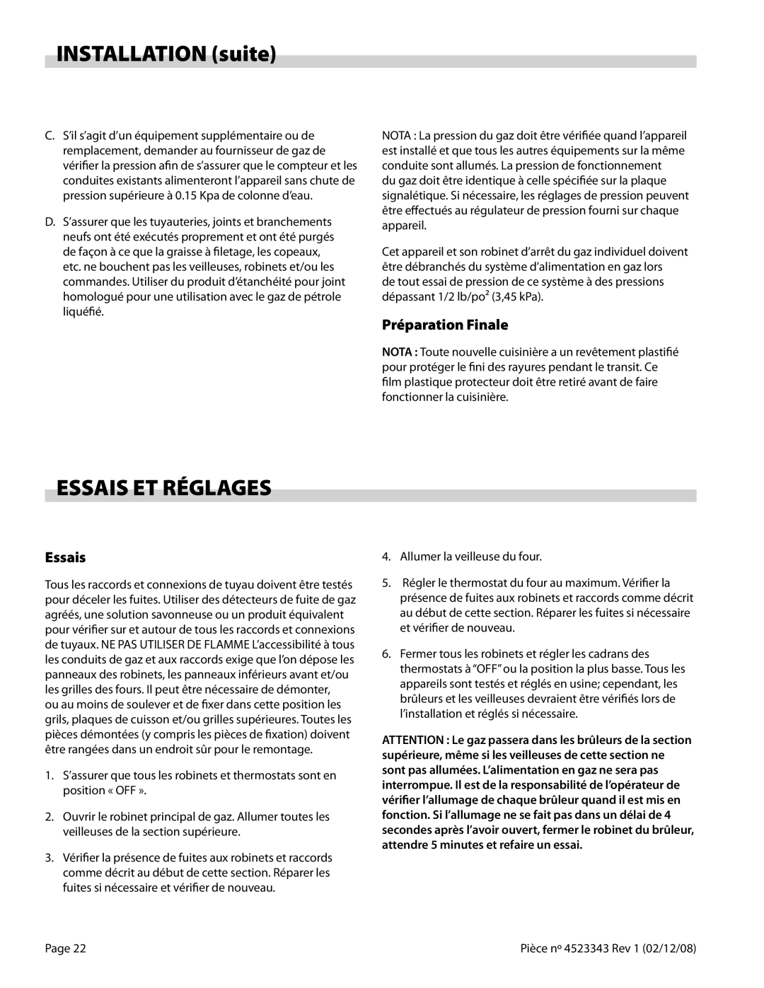 Sunfire X Series operation manual Essais ET Réglages, Préparation Finale 