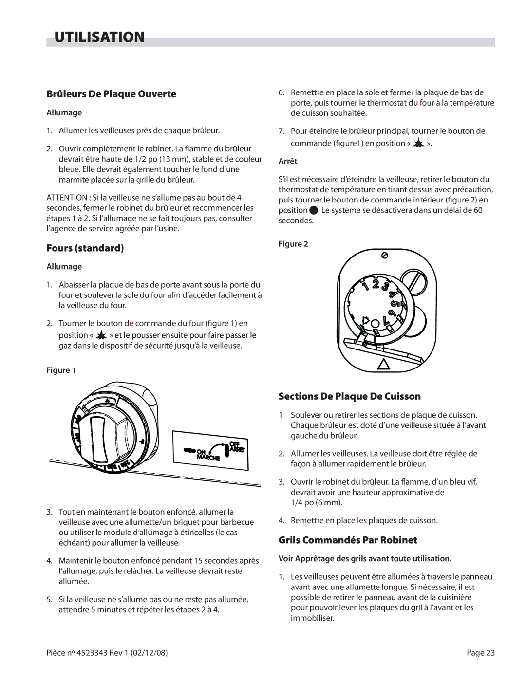 Sunfire X Series operation manual Utilisation, Brûleurs De Plaque Ouverte, Fours standard, Sections De Plaque De Cuisson 