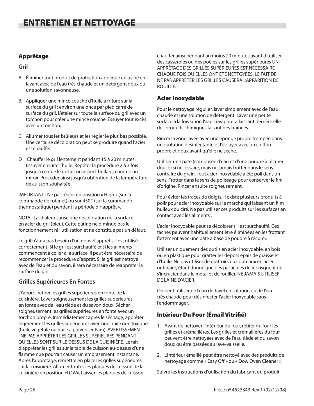 Sunfire X Series operation manual Entretien ET Nettoyage, Apprêtage Gril, Grilles Supérieures En Fontes, Acier Inoxydable 