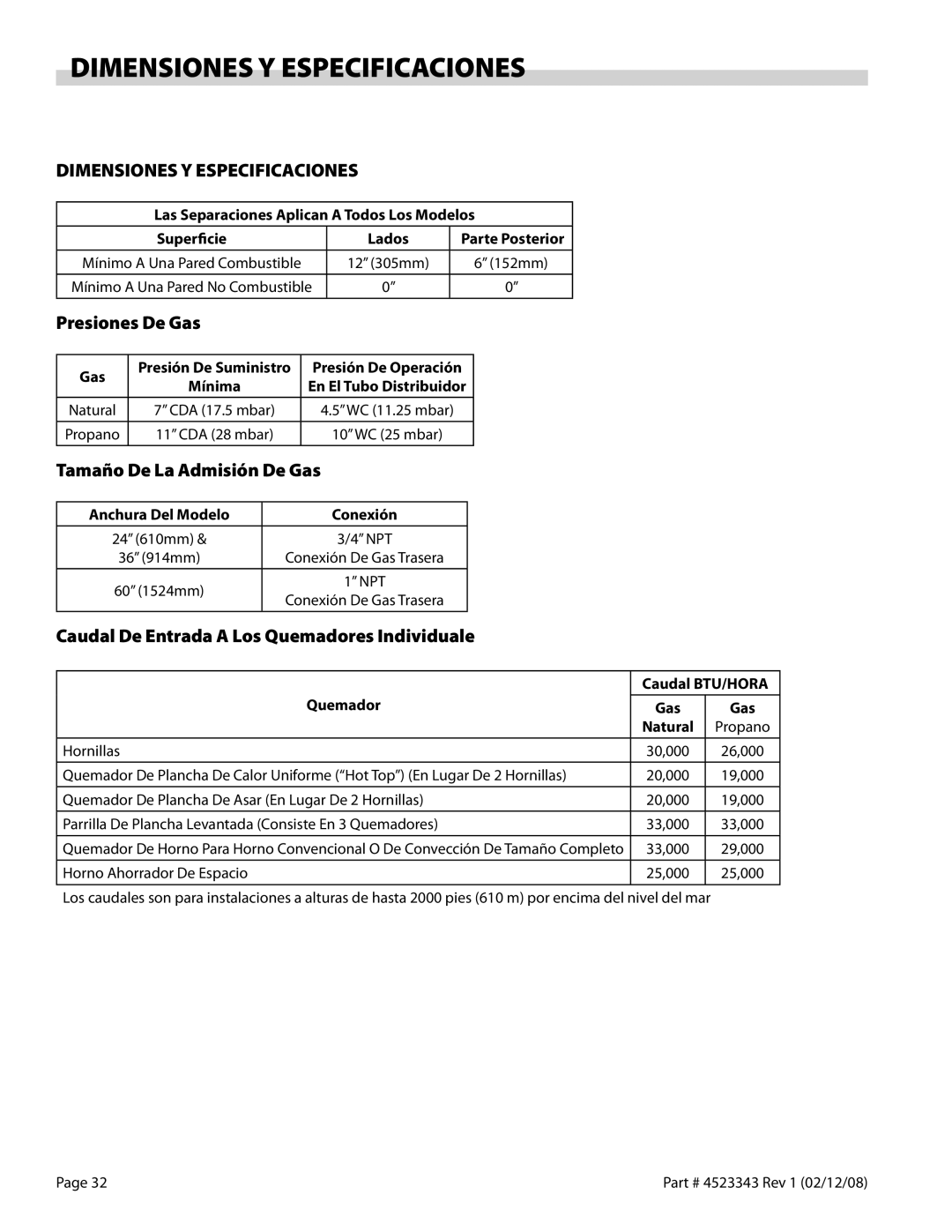 Sunfire X Series operation manual Dimensiones Y Especificaciones, Presiones De Gas, Tamaño De La Admisión De Gas 