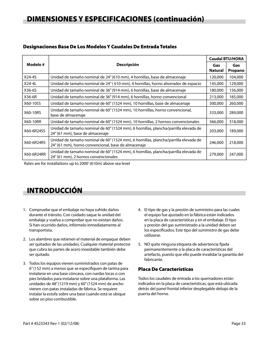 Sunfire X Series Dimensiones Y Especificaciones continuación, Introducción, Placa De Características, Natural 