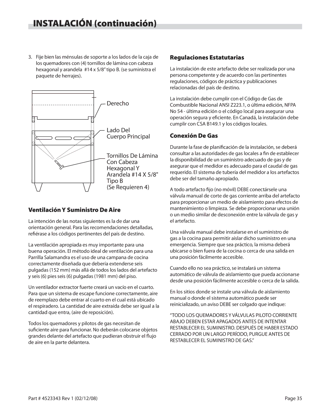 Sunfire X Series Instalación continuación, Ventilación Y Suministro De Aire, Regulaciones Estatutarias, Conexión De Gas 
