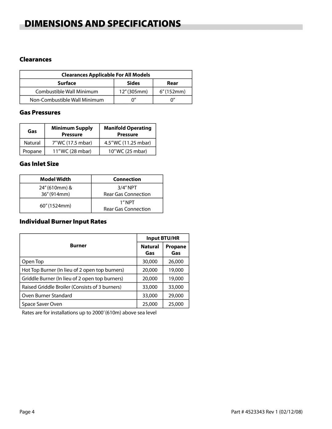 Sunfire X Series Dimensions and Specifications, Clearances, Gas Pressures, Gas Inlet Size, Individual Burner Input Rates 