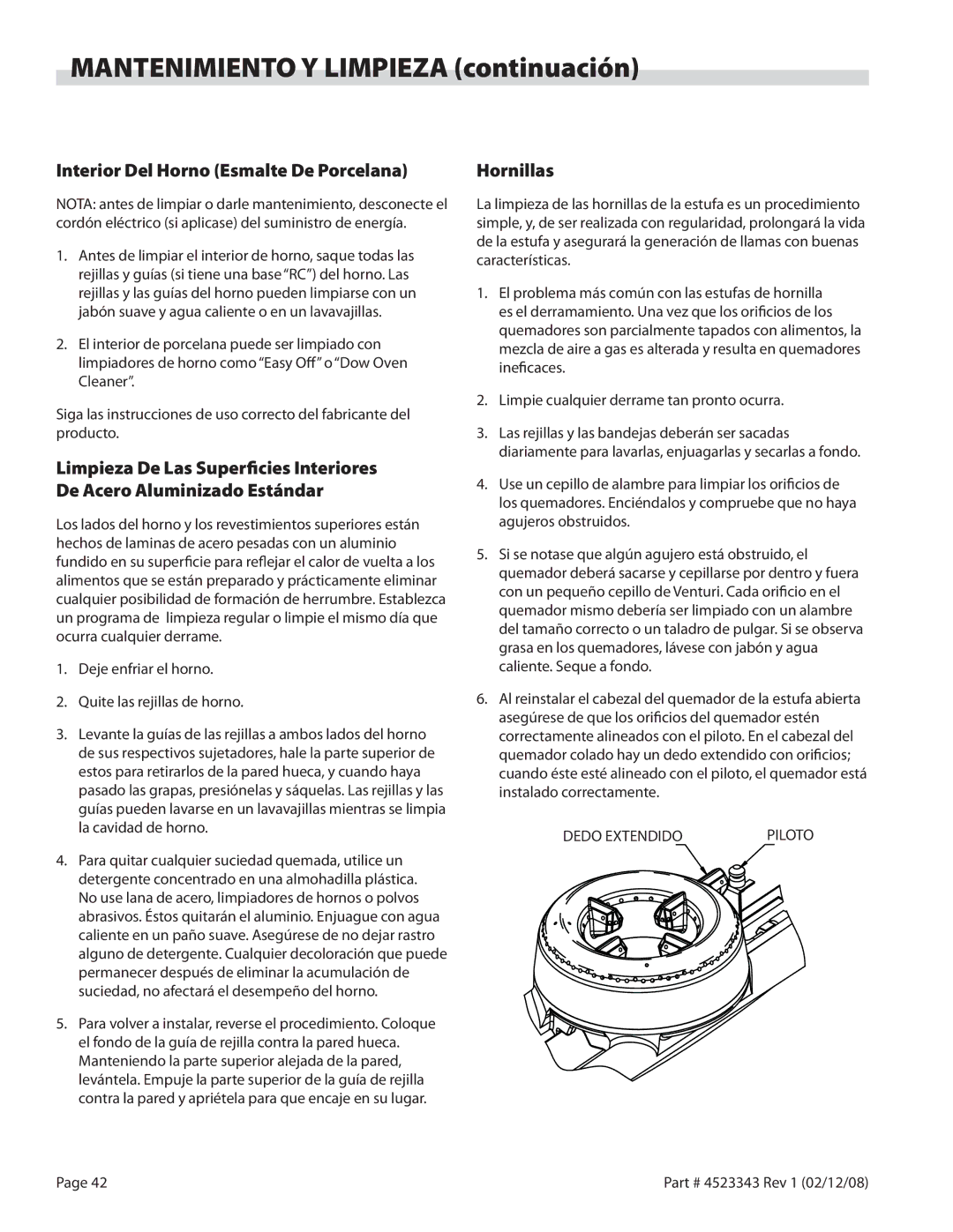 Sunfire X Series operation manual Mantenimiento Y Limpieza continuación, Interior Del Horno Esmalte De Porcelana 