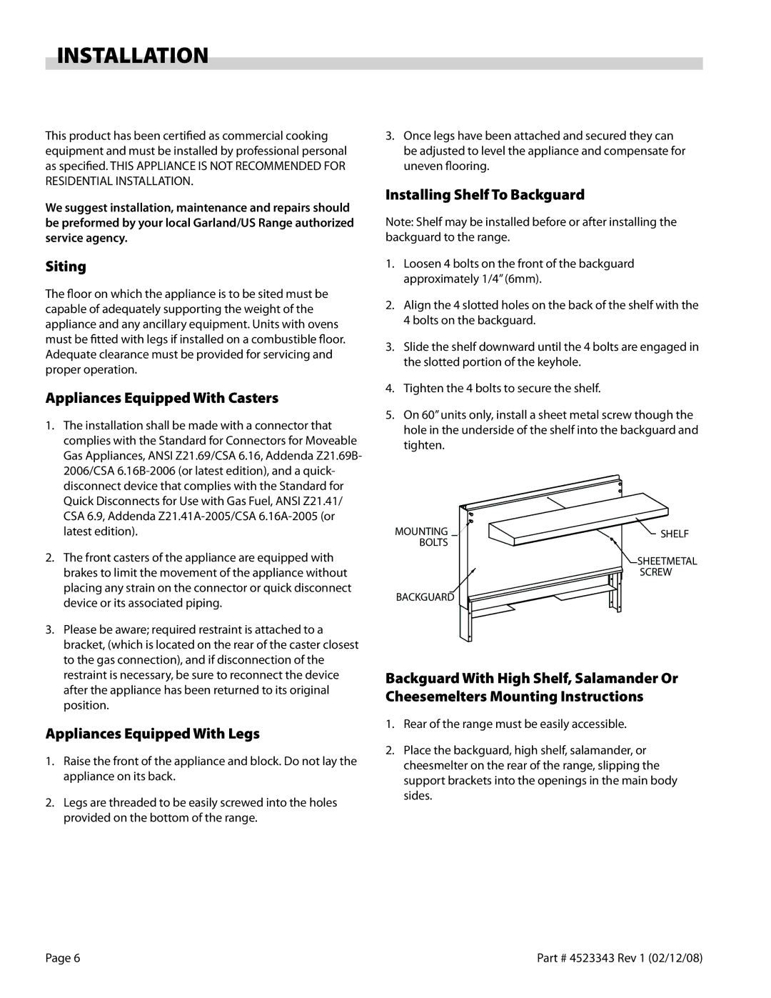 Sunfire X Series operation manual Installation, Siting, Appliances Equipped With Casters, Installing Shelf To Backguard 