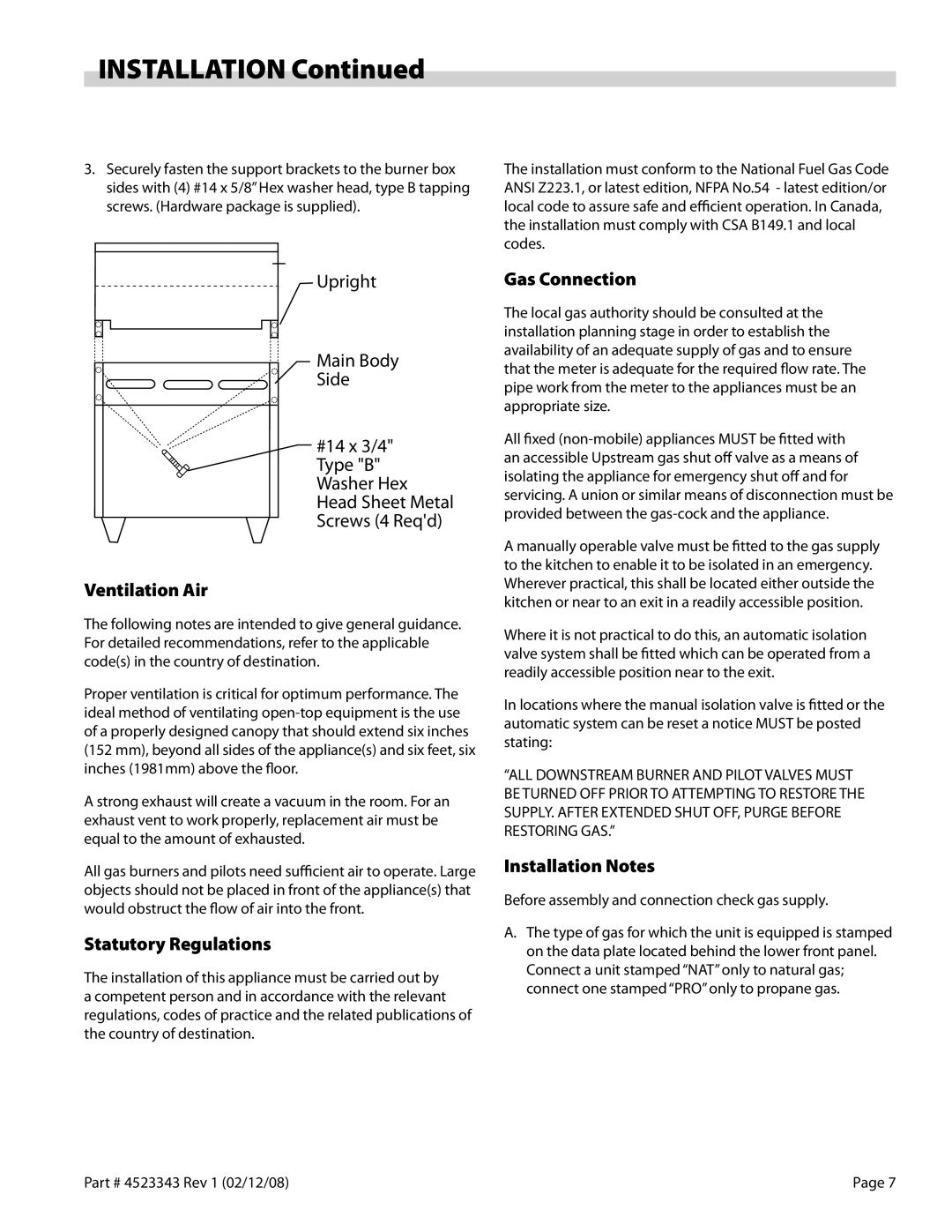 Sunfire X Series operation manual Ventilation Air, Statutory Regulations, Gas Connection, Installation Notes 