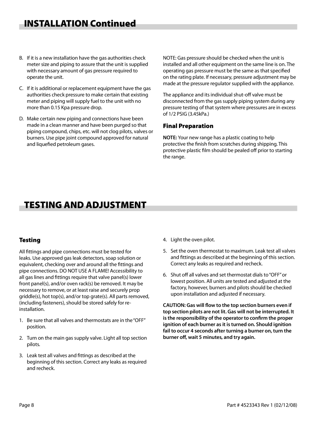 Sunfire X Series operation manual Testing and Adjustment, Final Preparation 