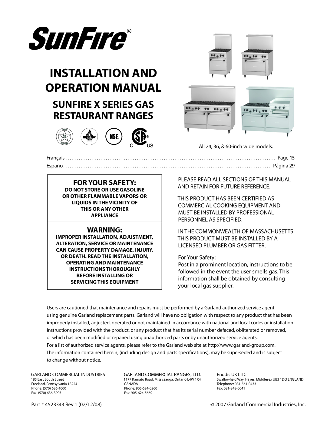 Sunfire operation manual For Your Safety, Sunfire X Series Gas Restaurant Ranges, This Or Any Other Appliance 