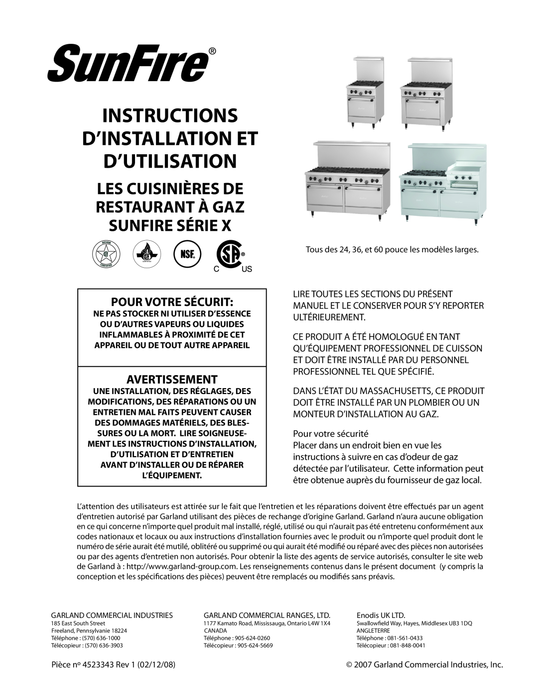 Sunfire X Series operation manual Instructions D’Installation Et D’Utilisation, Pour Votre Sécurit, Avertissement 