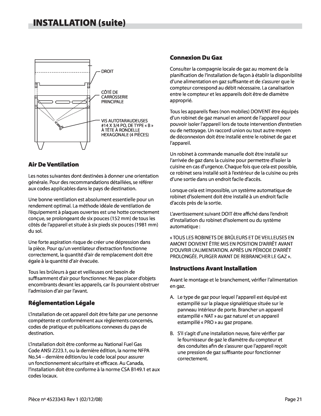 Sunfire X Series operation manual INSTALLATION suite, Air De Ventilation, Réglementation Légale, Connexion Du Gaz 