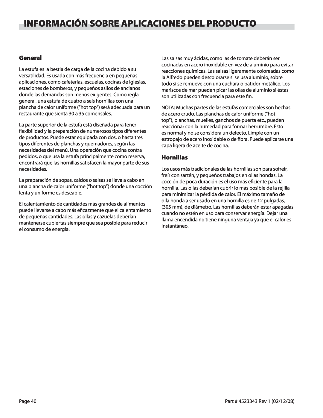 Sunfire X Series operation manual Información Sobre Aplicaciones Del Producto, General, Hornillas 