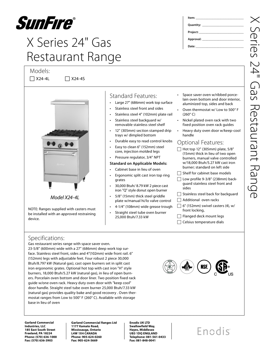 Sunfire X24-4L specifications X Series 24 Gas Restaurant Range, Models, Standard Features, Optional Features 