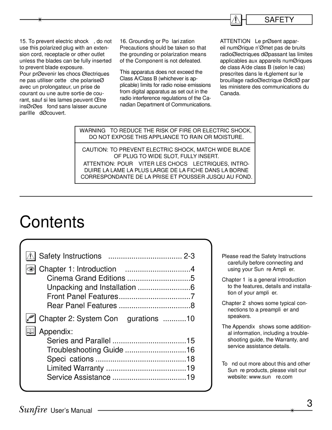 Sunfire Cinema Grand Power Supply Energy Load Invariant High Fidelity Super Definition Power Amplifier manual Contents 