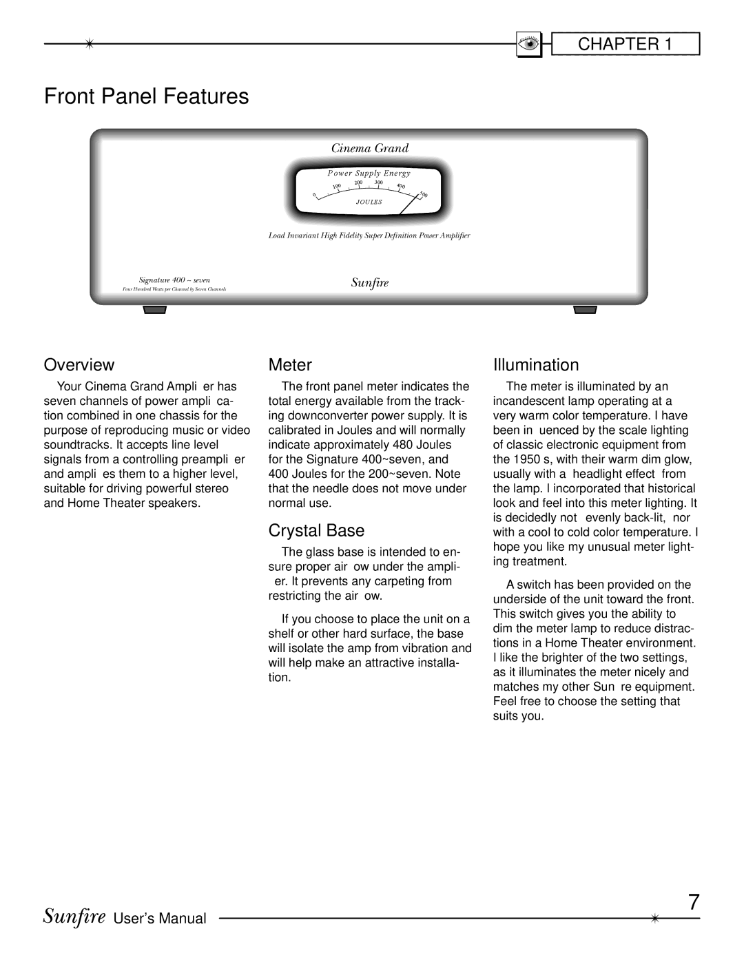 Sunfire Cinema Grand Power Supply Energy Load Invariant High Fidelity Super Definition Power Amplifier Overview, Meter 