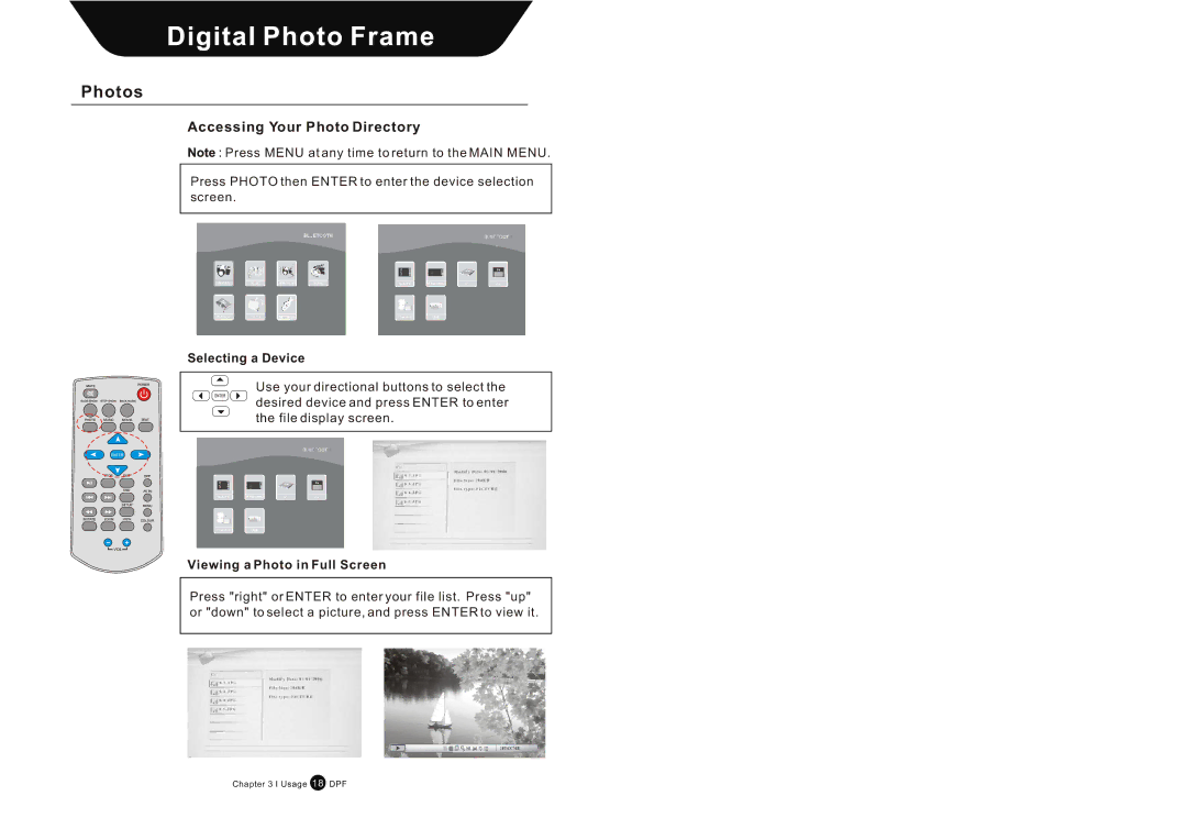Sungale AW15S-B manual Photos, Accessing Your Photo Directory, Selecting a Device, Viewing a Photo in Full Screen 
