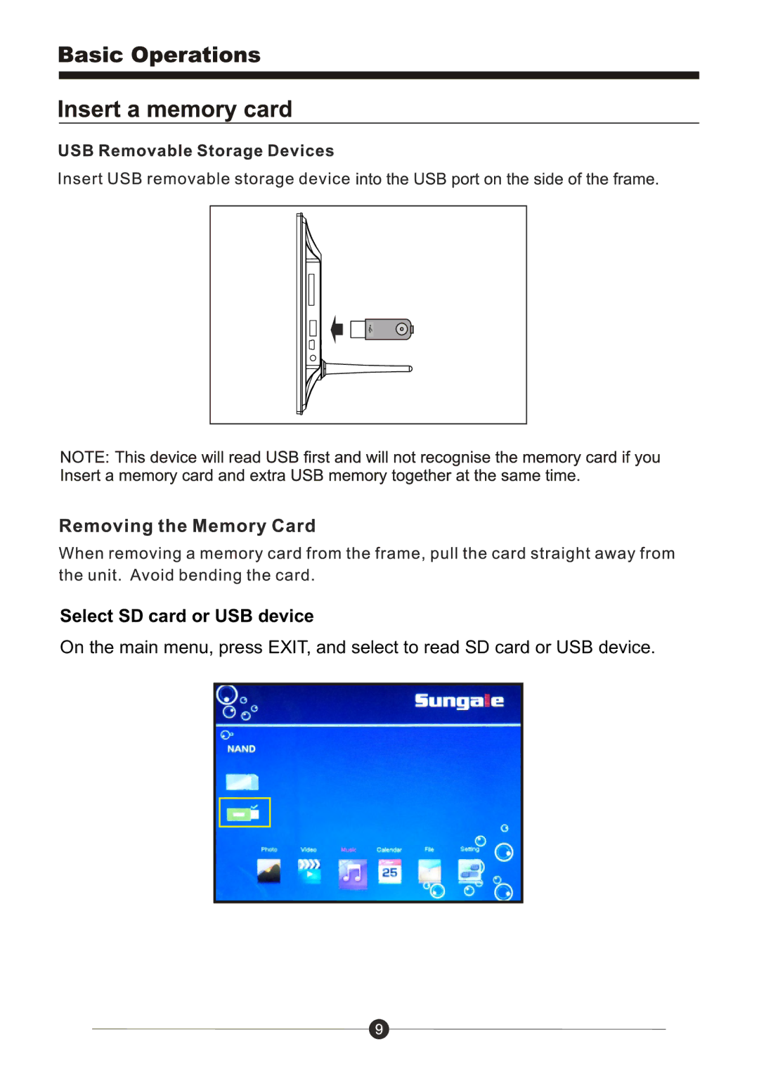 Sungale CD802 manual Select SD card or USB device 