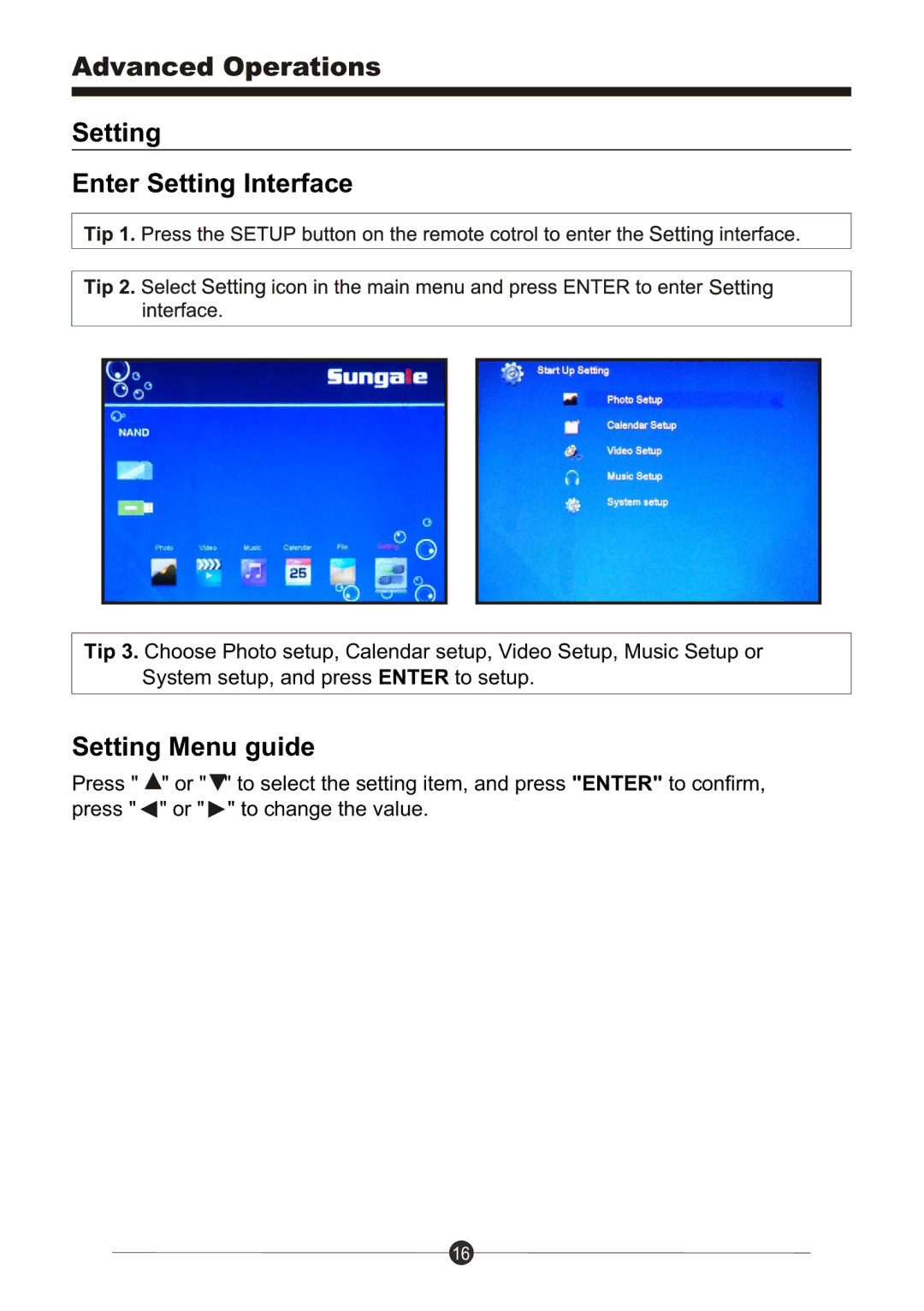 Sungale CD802 manual Setting Enter Setting Interface, Setting Menu guide 