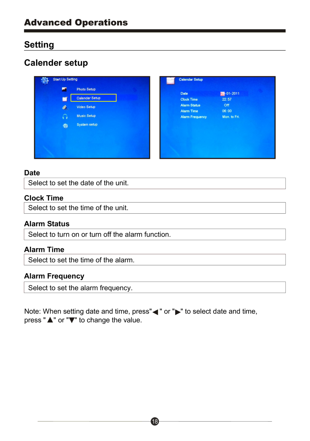 Sungale CD802 manual Setting Calender setup 