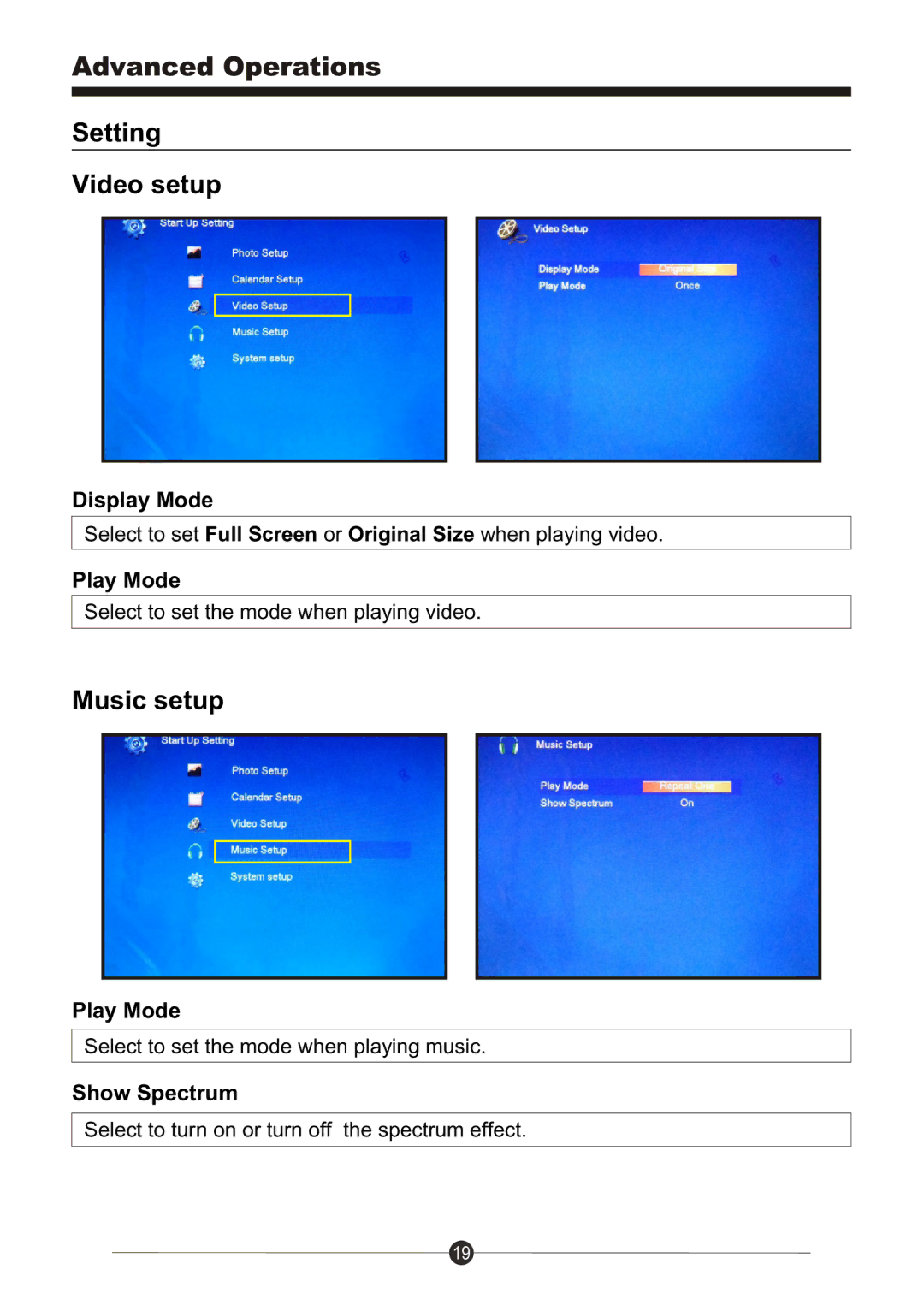 Sungale CD802 manual Setting Video setup, Music setup 