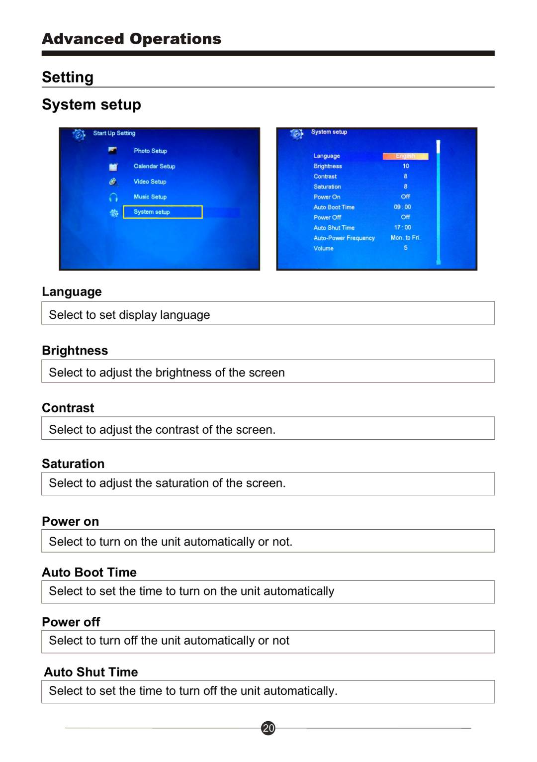 Sungale CD802 manual Setting System setup 