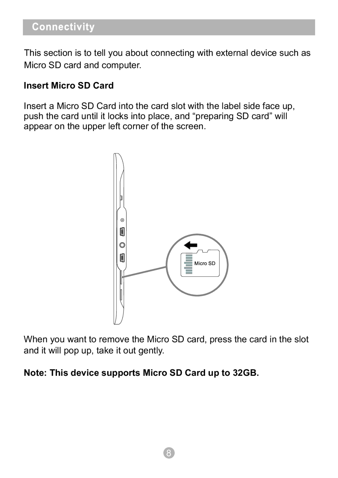 Sungale ID1010WTA user manual Insert Micro SD Card 