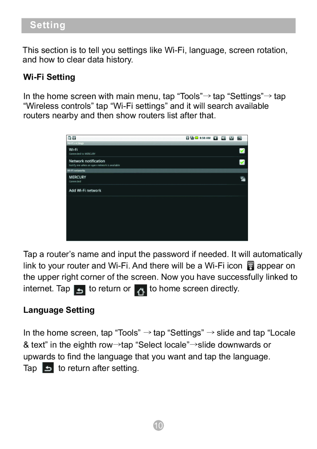 Sungale ID1010WTA user manual Wi-Fi Setting, Language Setting 