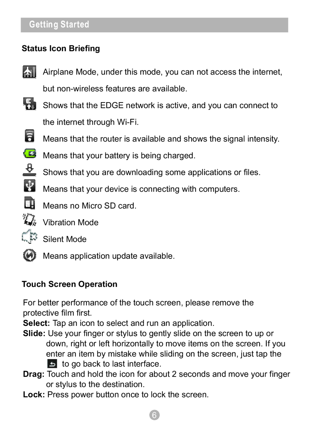 Sungale ID1010WTA user manual Status Icon Briefing, Touch Screen Operation 