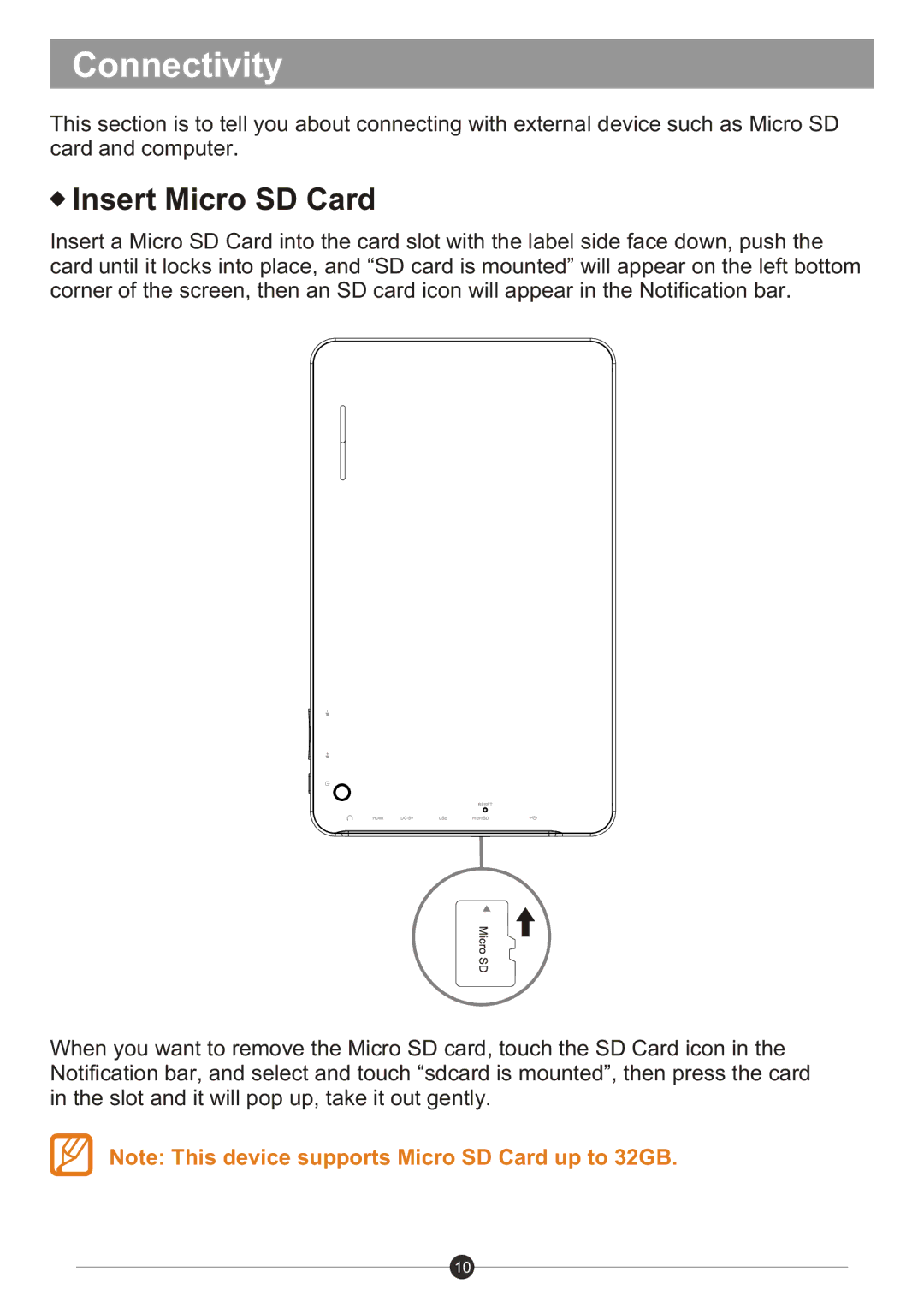 Sungale ID1018WTA user manual Connectivity, Insert Micro SD Card 