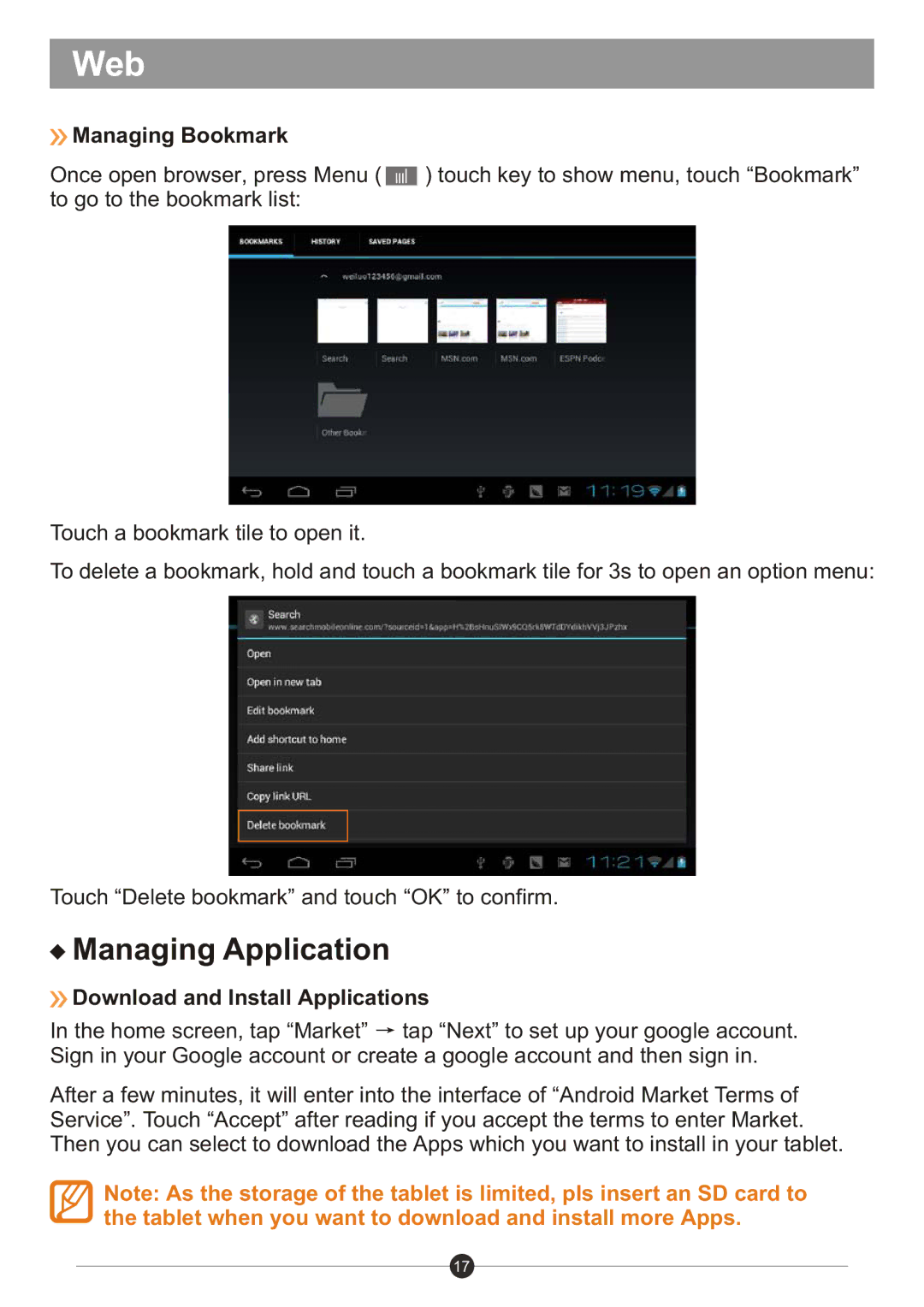 Sungale ID1018WTA user manual Managing Application, Managing Bookmark, Download and Install Applications 