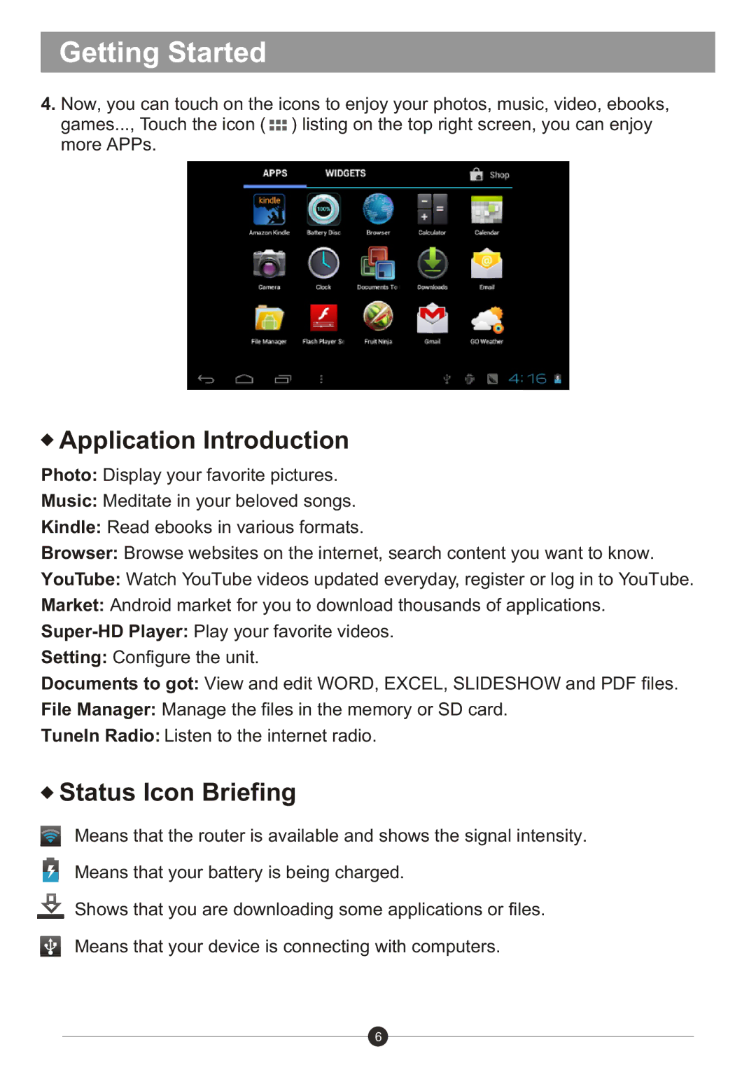 Sungale ID1018WTA user manual Application Introduction, Status Icon Briefing 