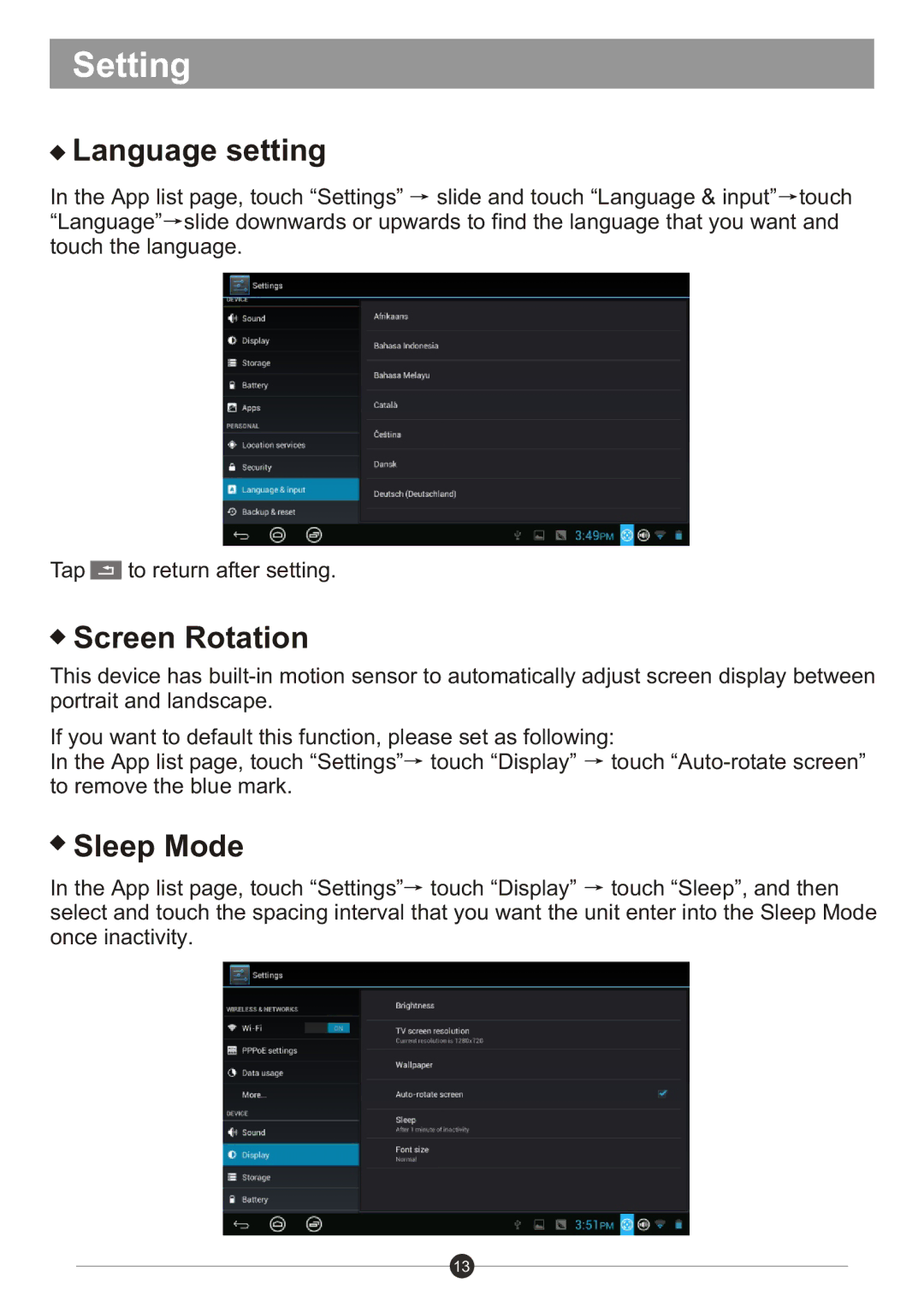 Sungale ID1019WTA user manual Language setting, Screen Rotation, Sleep Mode 