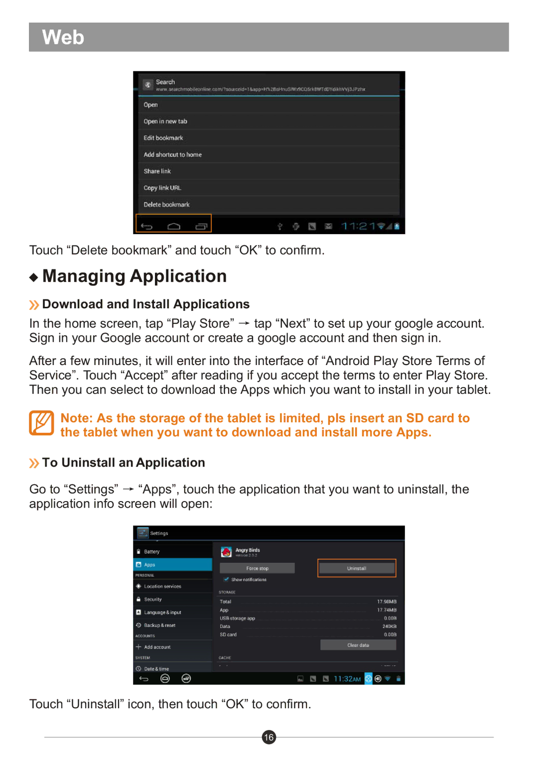 Sungale ID1019WTA user manual Managing Application, Download and Install Applications, To Uninstall an Application 