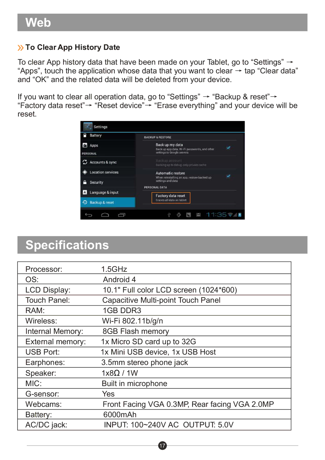 Sungale ID1019WTA user manual Specifications, To Clear App History Date 