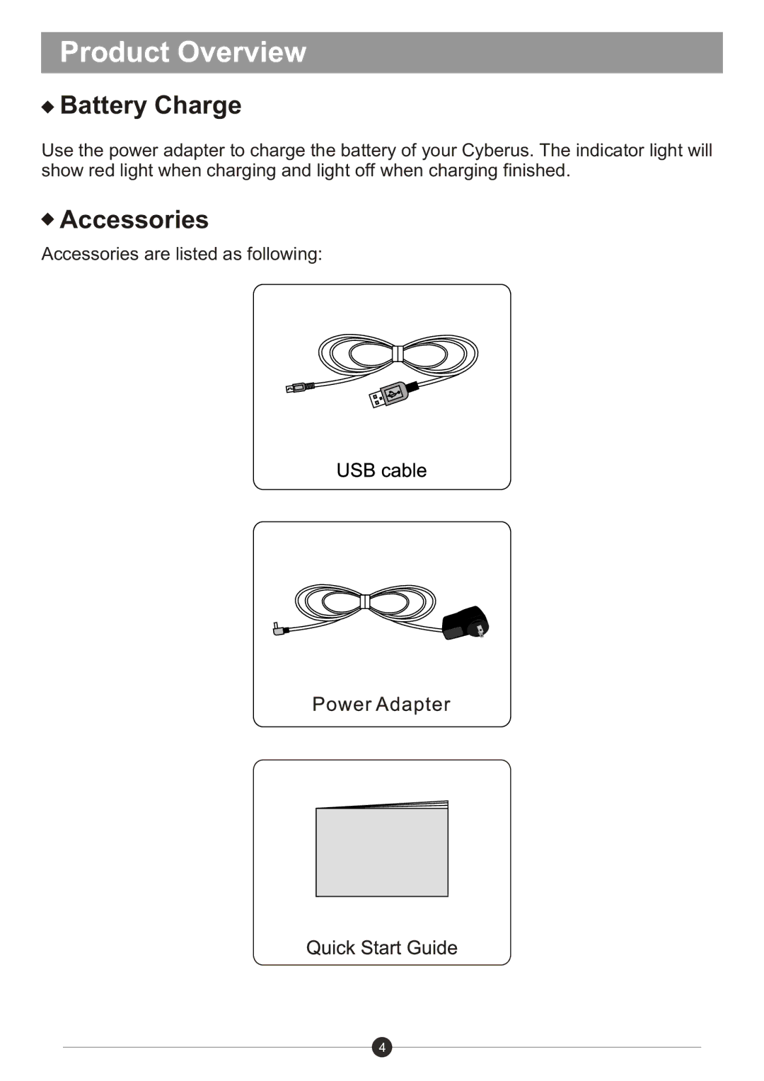 Sungale ID1019WTA user manual Battery Charge, Accessories 