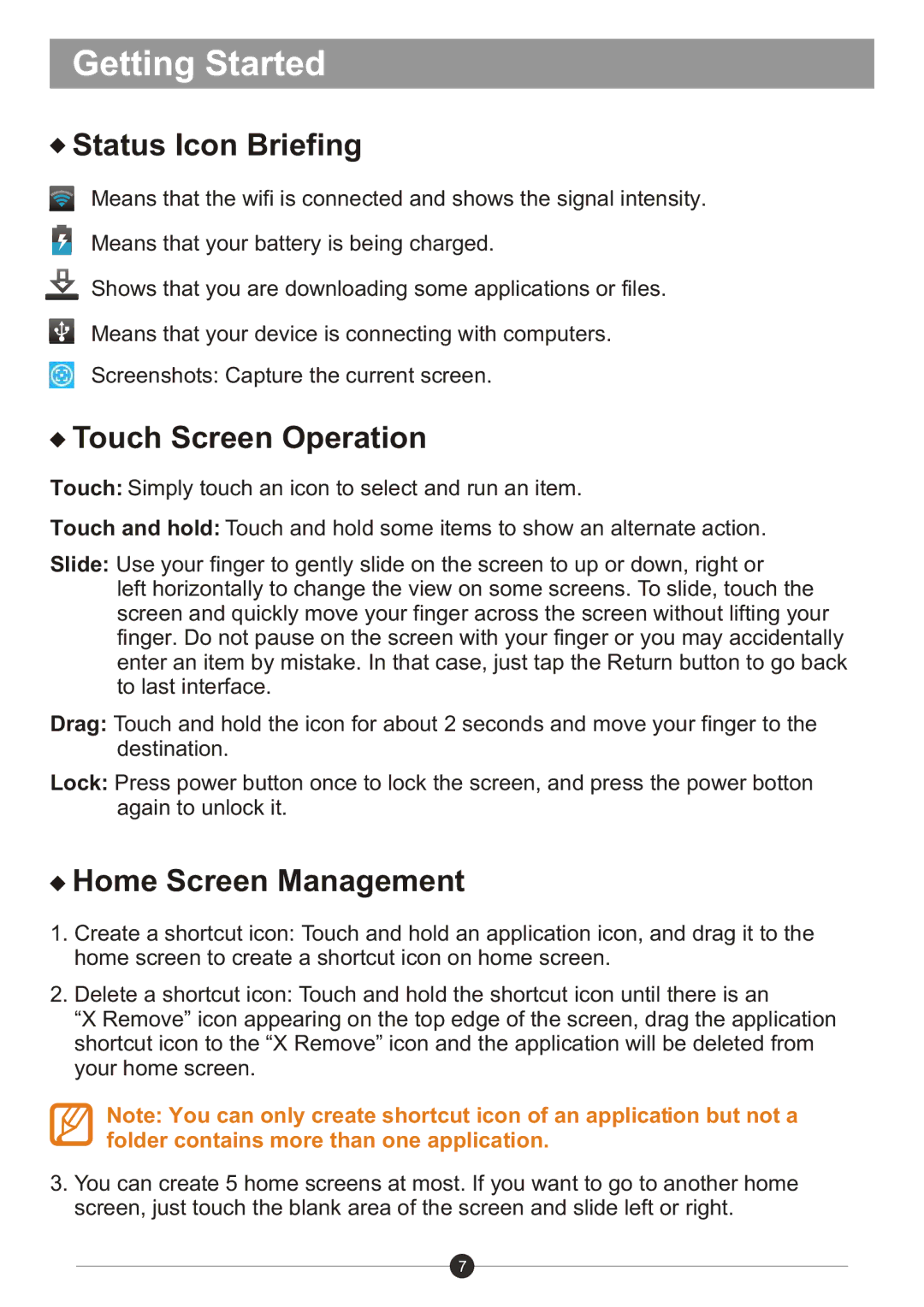 Sungale ID1019WTA user manual Status Icon Briefing, Touch Screen Operation, Home Screen Management 