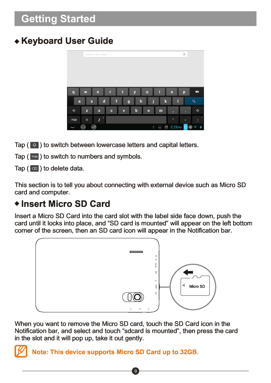 Sungale ID1019WTA user manual Keyboard User Guide, Insert Micro SD Card, Getting Started 